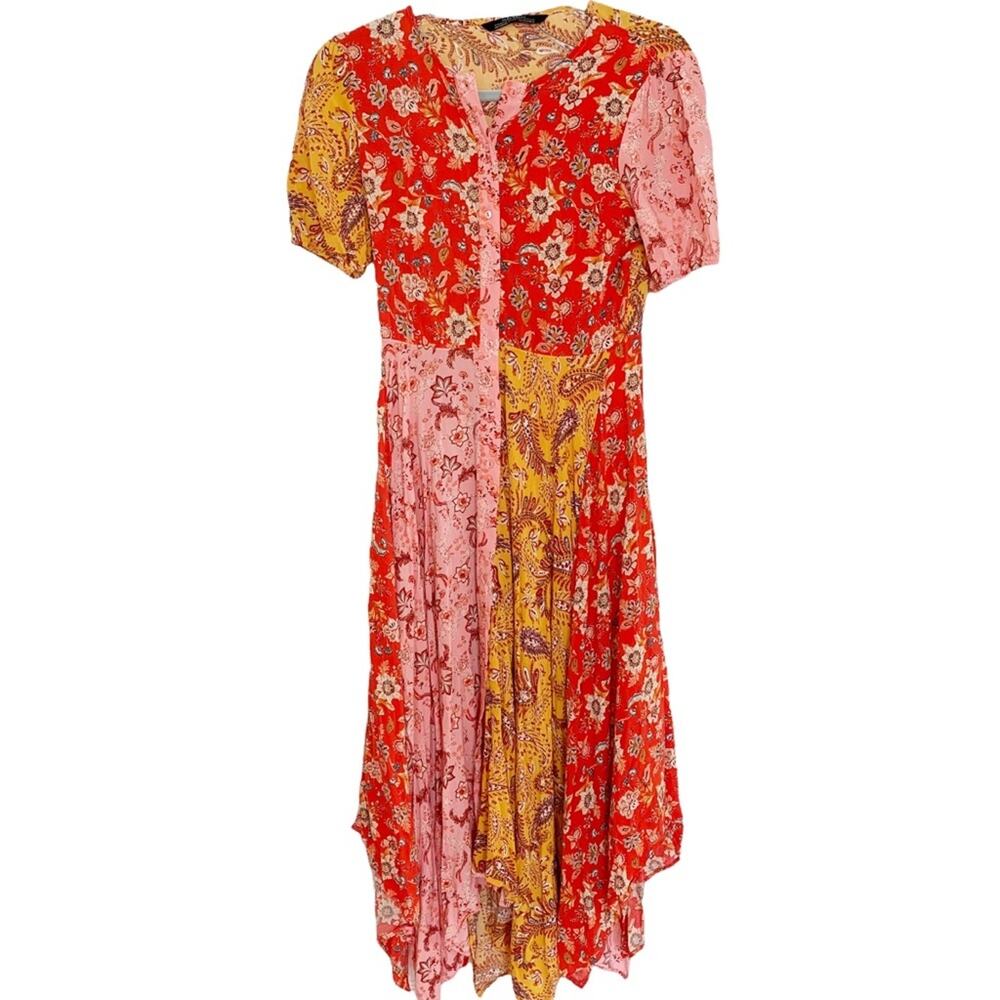 Zara Red Pink Paisley Patchwork Hankerchief Midi Dress Bloggers Fave Small - Picture 2 of 10